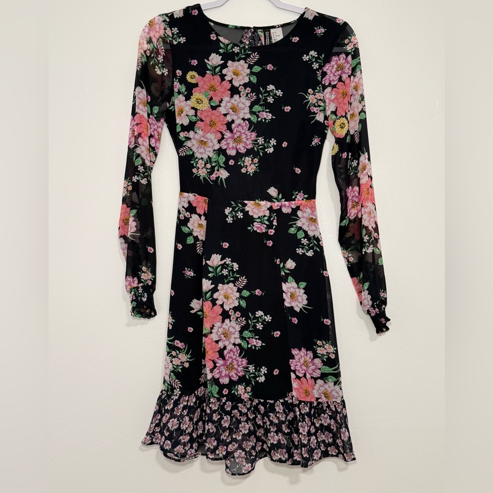 H&M Black Dress with Pink and Green Floral Design